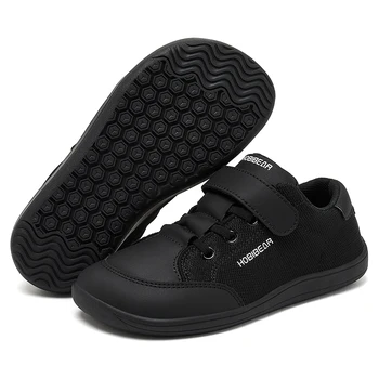 HOBIBEAR Kids Wide Toe Barefoot Shoes Boys Girls Minimalist Sneakers Lightweight Hook Loop Mesh Artificial Leather Shoes