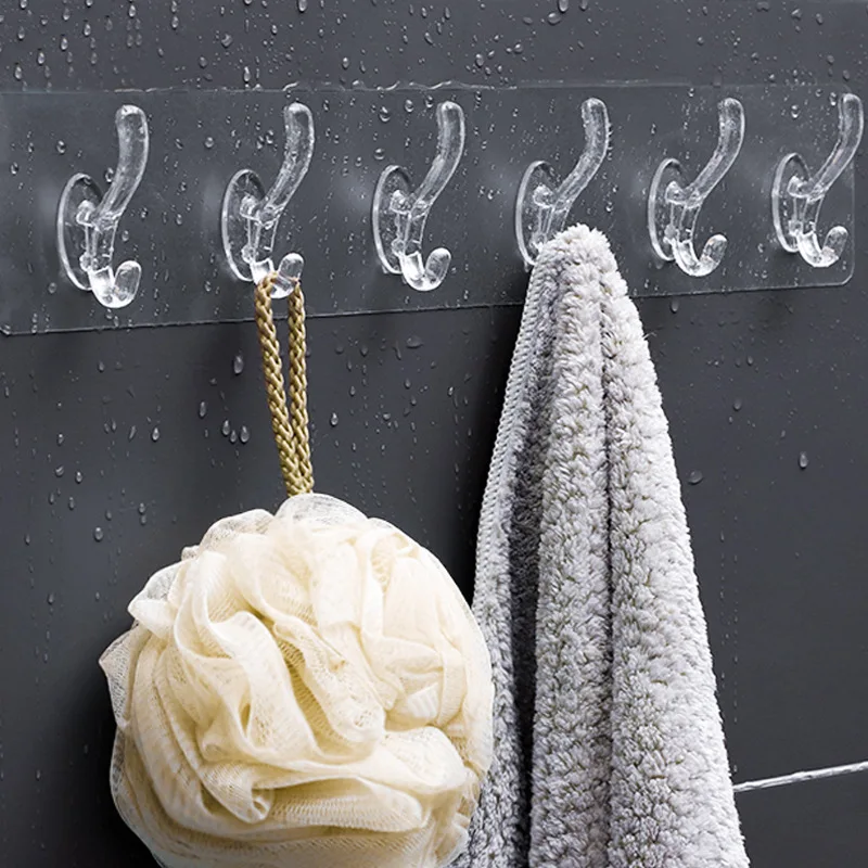Description Picture 2 of item1pcs Punch-free Strong Traceless Sticky Hooks Clear Plastic Glue Hook Kitchen Bathroom Nail-free Wall Hanger 3/5/6 Row Hook Rack