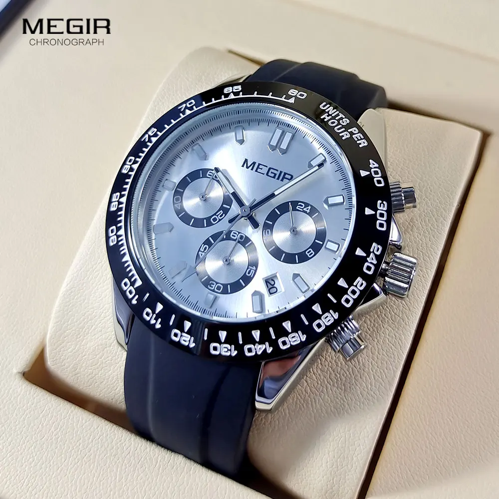 MEGIR Silver Black Quartz Watches for Men Fashion Military Sport Silicone Strap Chronograph Wristwatch with Luminous Hands Date