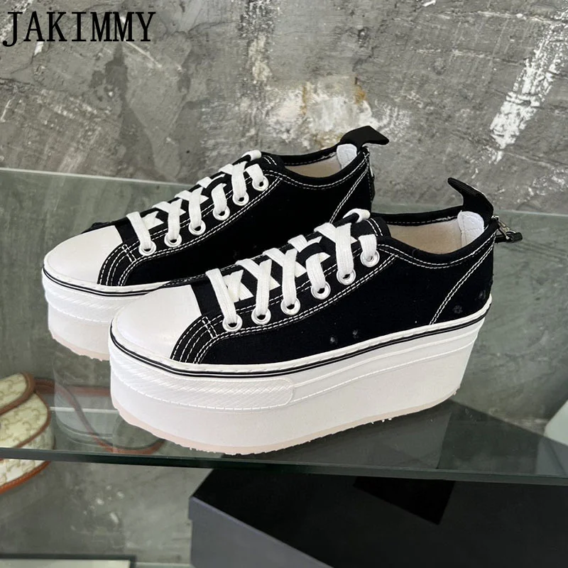 

New Spring Platform Canvas Sneakers Women Round Toe Thick Bottom Lace Up Flat Casual Shoes Designer Brand Daddy Shoes For Woman