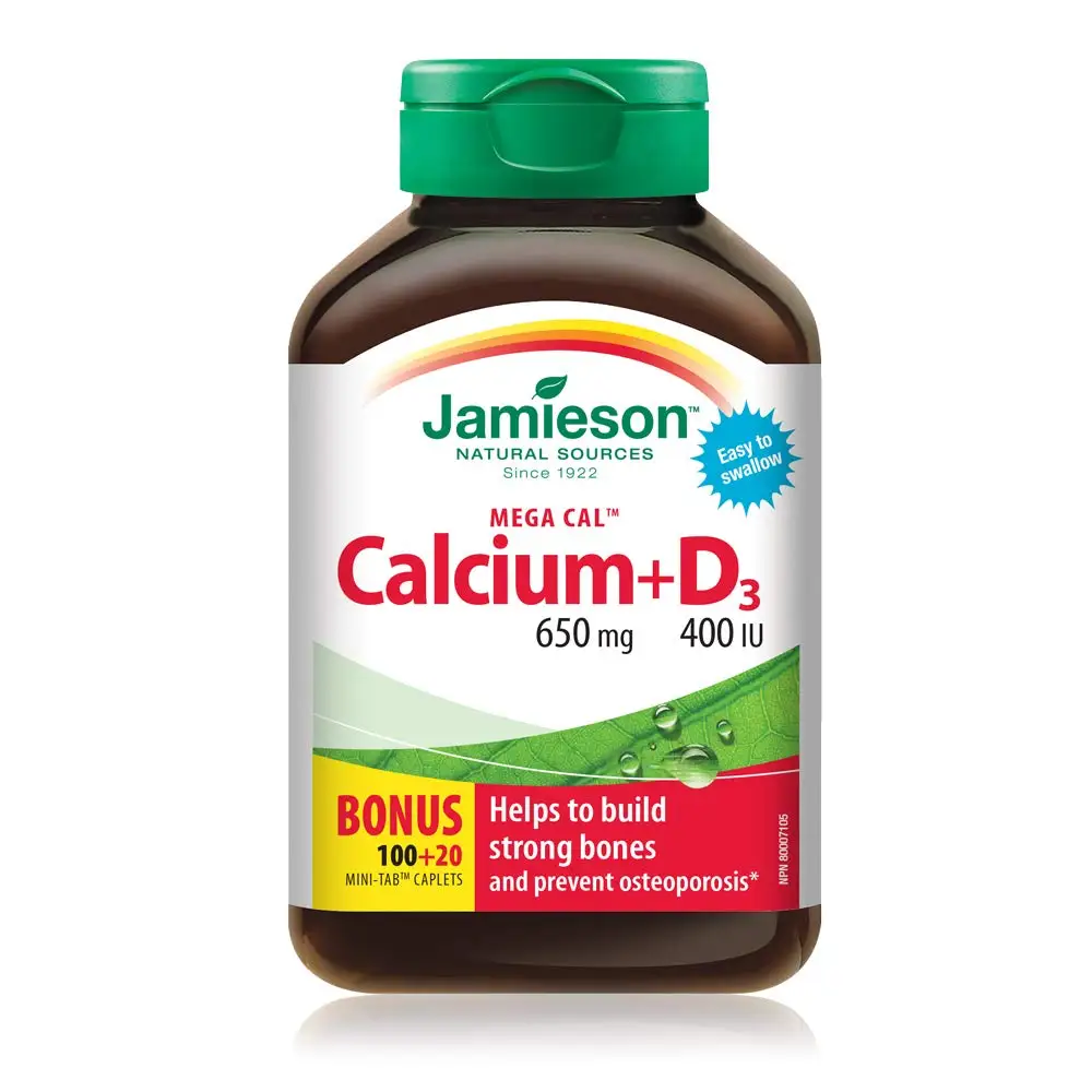 

Jamieson Canada Mega Cal Calcium 650 mg plus Vitamin D3 400 IU, 120 Count (Pack of 1)