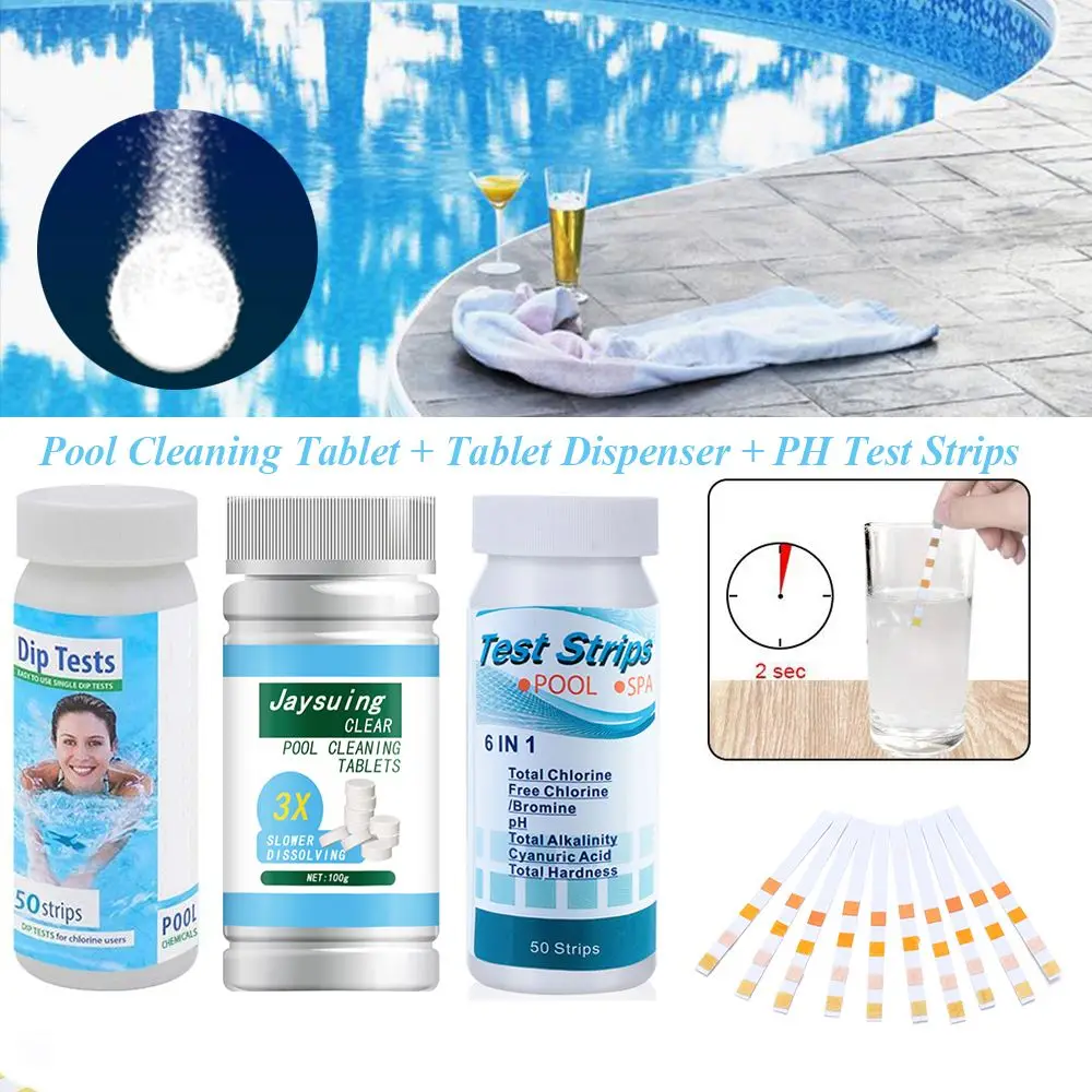 

Pool Cleaning Tablet Dispenser 6 in1 Dip Test Strips PH Test Paper Tub SPA Test Strips Swimming Pool Water PH Alkaline Chlorine