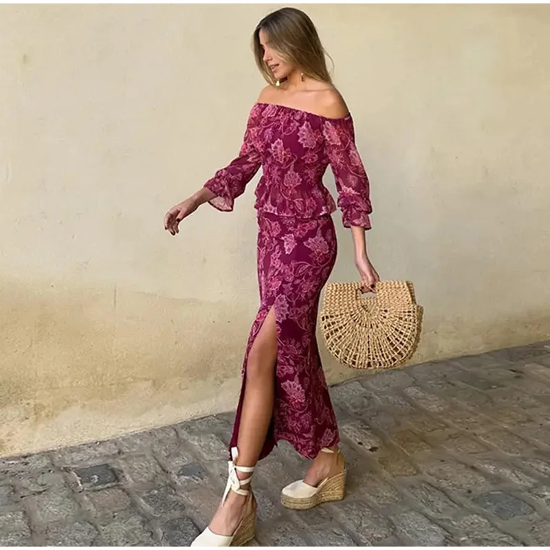 Vintage Print Top Skirt Suits Women One Shoulder Long Sleeve Waist Up Ruffled Hem Tops High Slit Skirt Vacation Beach Outfits