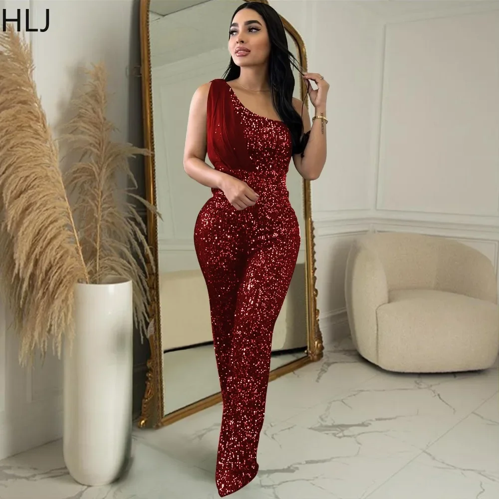 HLJ Sexy Sequin One Shoulder Party Nightclub Jumpsuits Women Sleeveless Slim One Piece Playsuits Fashion Female Matching Overall