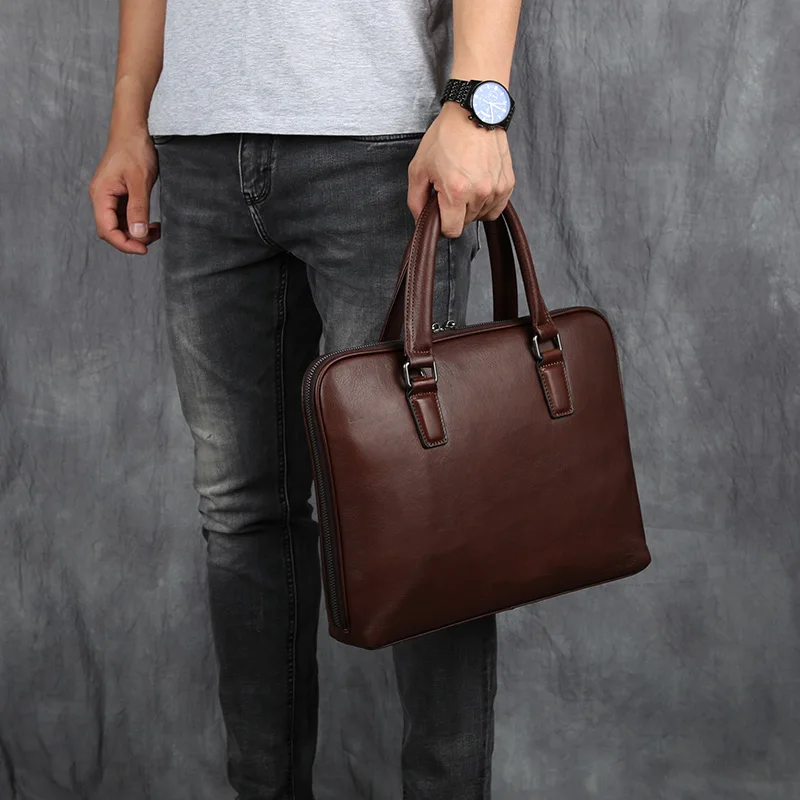 Vintage Men's Briefcase Top Layer Cowhide Casual Handbag Leather Business Shoulder Messenger Bag Brown 14 Inch Laptop Bag NZPJ 3