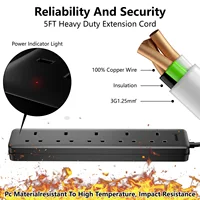 1 ชิ้น UK Compact 5 Socket Power Strip พร้อมการออกแบบติดผนัง, ความต้านทานต่ออุณหภูมิสูงเปลวไฟและไฟแสดงสถานะ 6