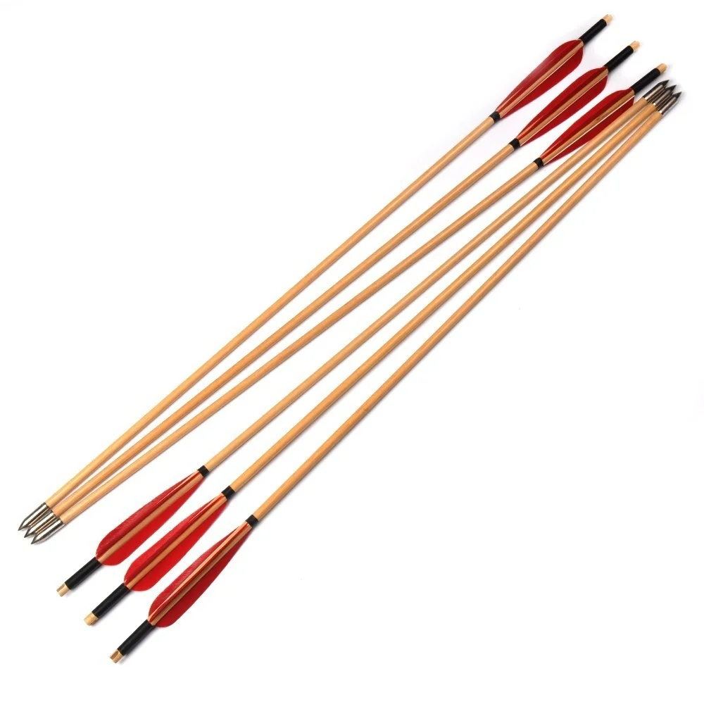 

30-inch wooden arrows for bow and arrow shooting with white pine shaft and red turkey feathers, 6pcs