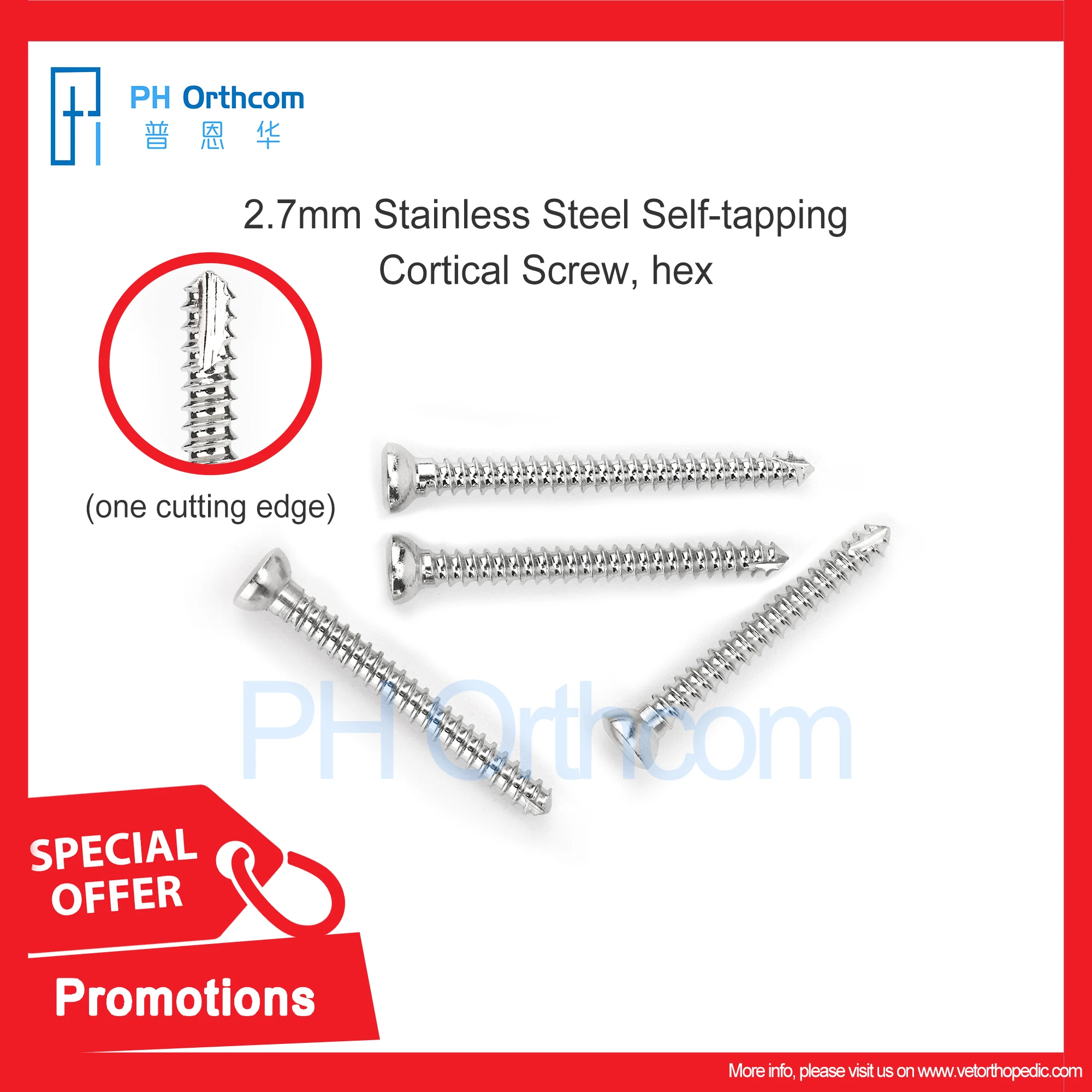 2.7mm Stainless Steel Self-tapping Cortical Screw Hex One Cutting Edge