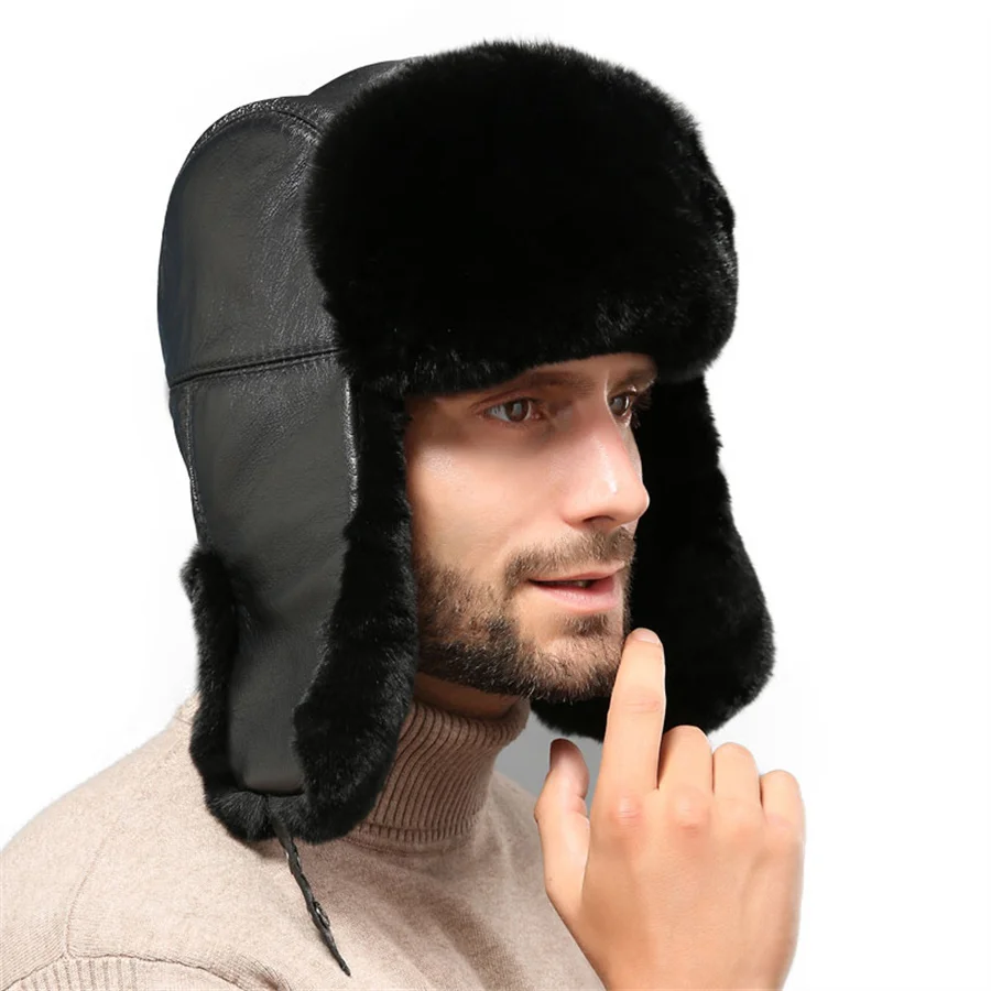 Bomber Hat Men Women Thick Warm Russian Ushanka Rex Rabbit Fur Hat Fashion Male Female Winter Sheepskin Earflap Ski Russian Cap