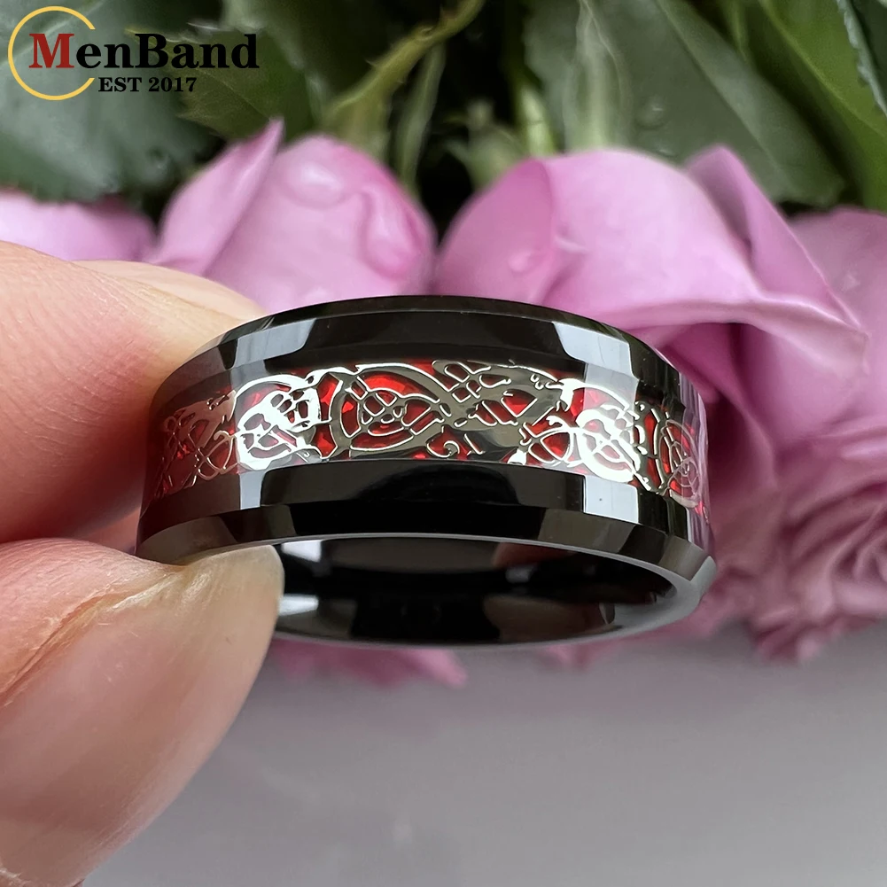 MenBand New style 8MM Tungsten Carbide Wedding Band Rings red Color Dragon And Silver Carbon Fiber Inlay Comfort Fit