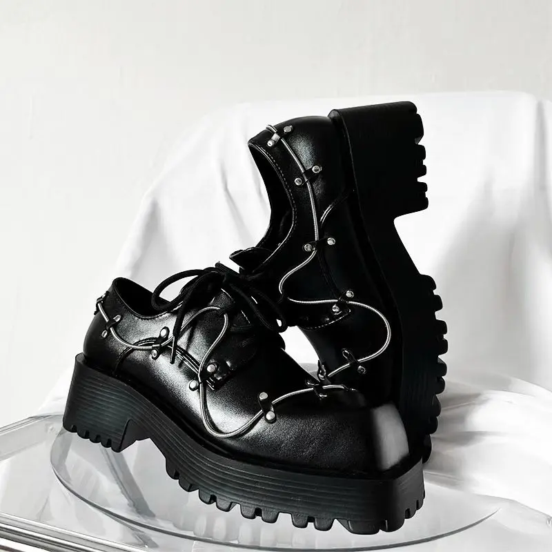 

Free Shipping Halloween Work Patent Leather Shoes Black Thick Bottom Square Toe Lace Up Studded Punk Goth High Heels Y2k Shoes
