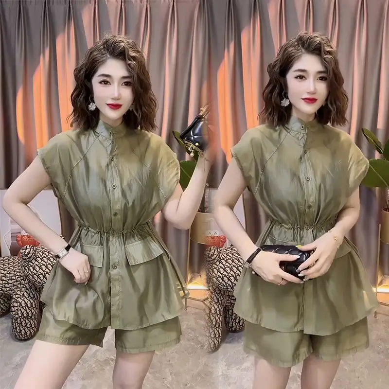 Fashionable Women's Set Summer High-end Light Mature Style Slim Waist Thin Shirt High Waisted Shorts Two-piece Set