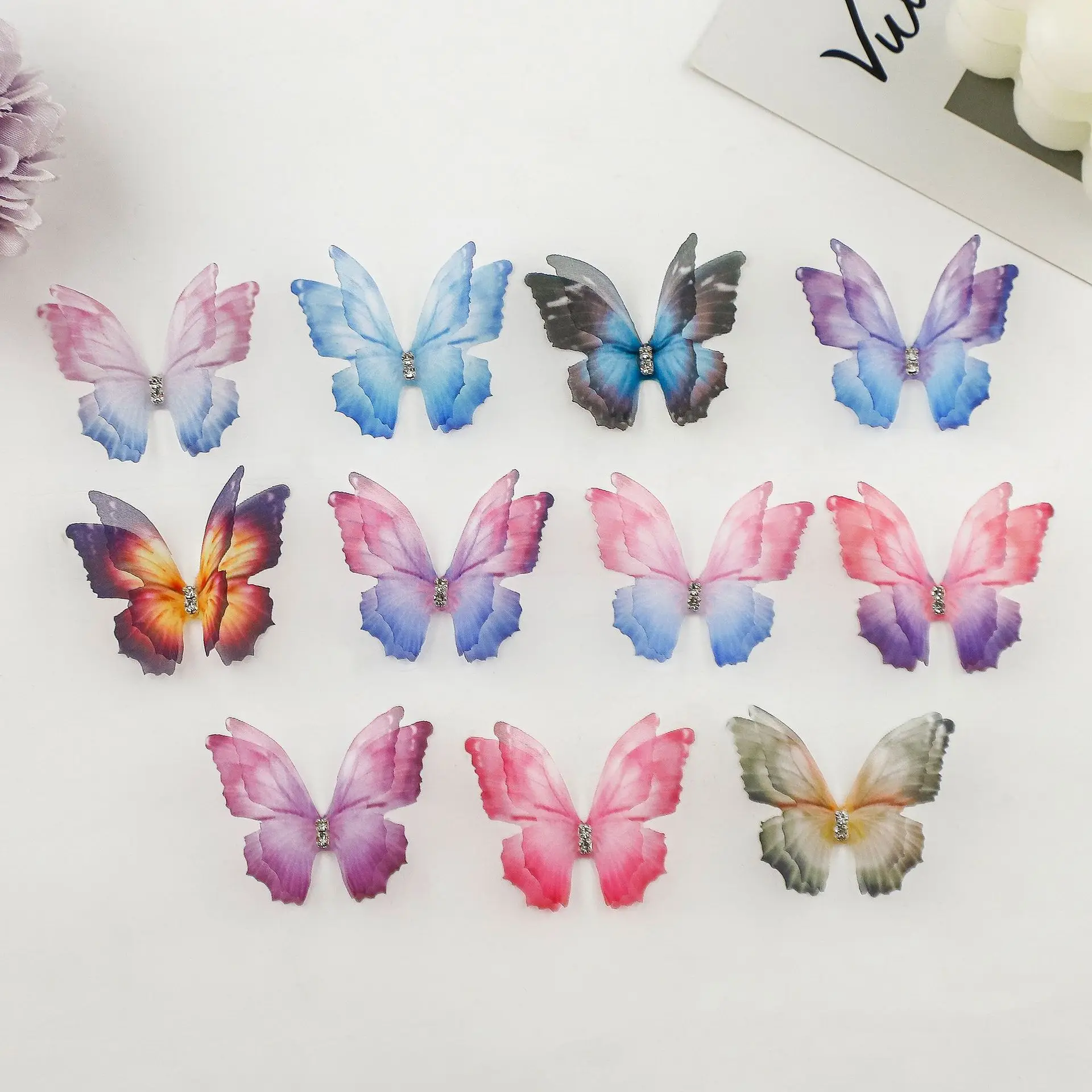 100Pcs 4.5Cm Tulle Butterfly With Rhinestone For DIY Making Clothing Party Festival Decor Handmade Craft Accessories