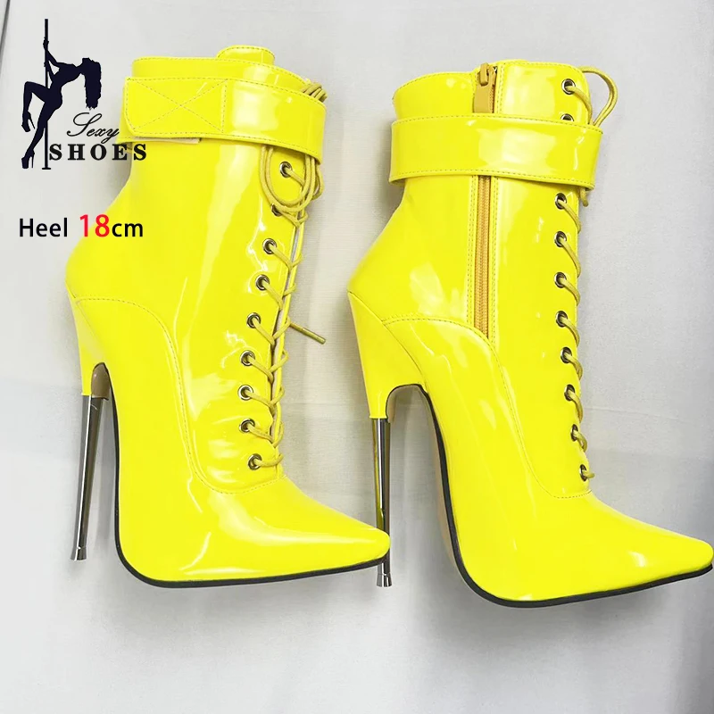 18cm Stiletto Heel Extreme High Heels Pointed Toe Black Patent Leather Sexy Fetish Women Ankle Boots Belt Buckle Strap Club Shoe