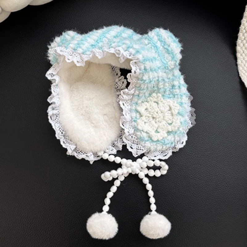 Korean Cute Bear Ear Lace Plush Snowflake Crocheted Earmuffs Women's Winter Outdoor Warm and Sweet Lace-up Lolita Headband