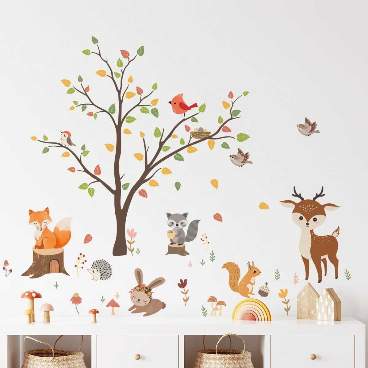 Cartoon Forest Animals Tree Bird Deer Adesivi Murali Per Camera Dei Bambini Soggiorno Nursery Room Sala Giochi Adesivi Decorativi Decalcomanie