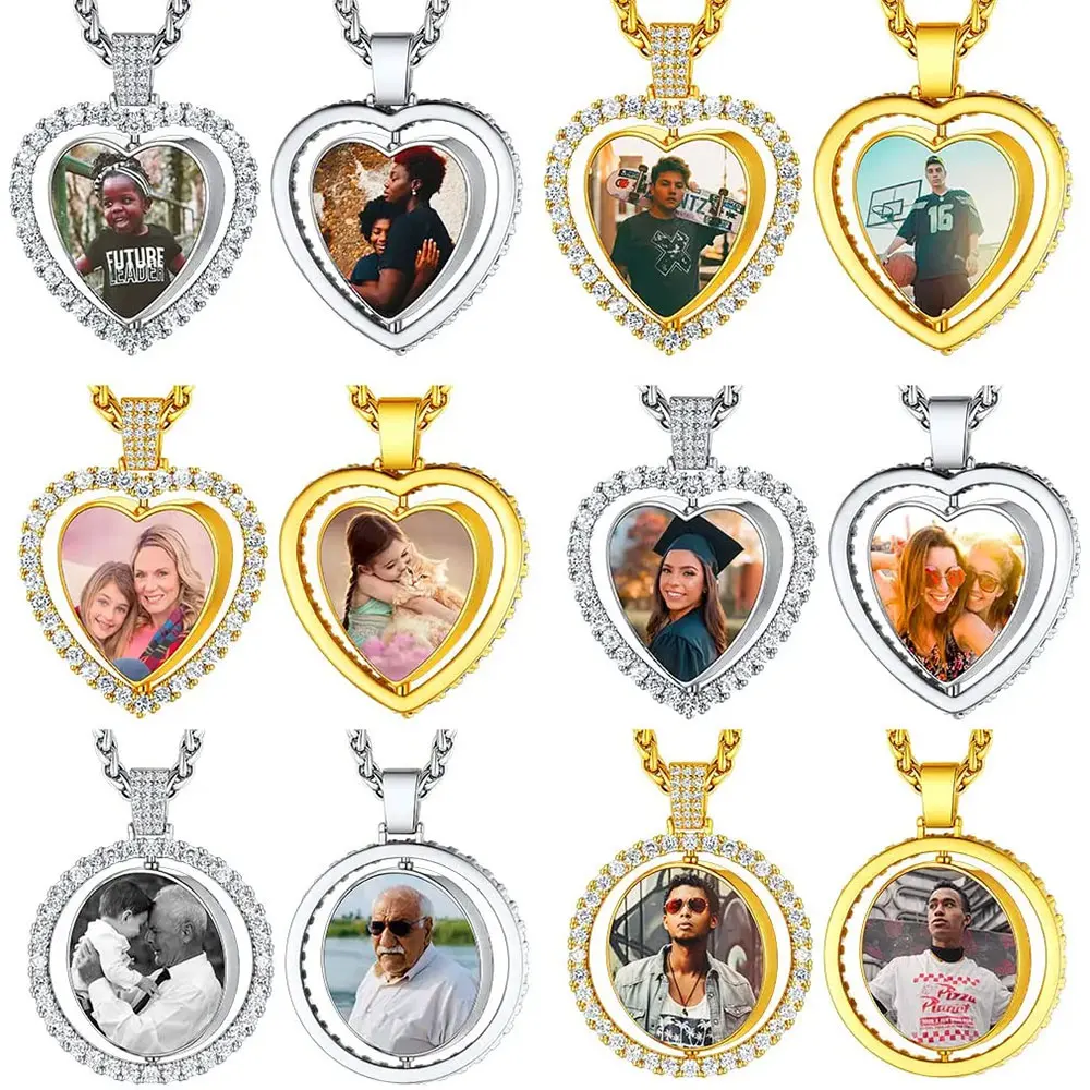 Custom Double Side Rotating Heart Necklace Personalized Family Memory Jewelry Heart Pendant Bling Diamond Necklaces For Couple