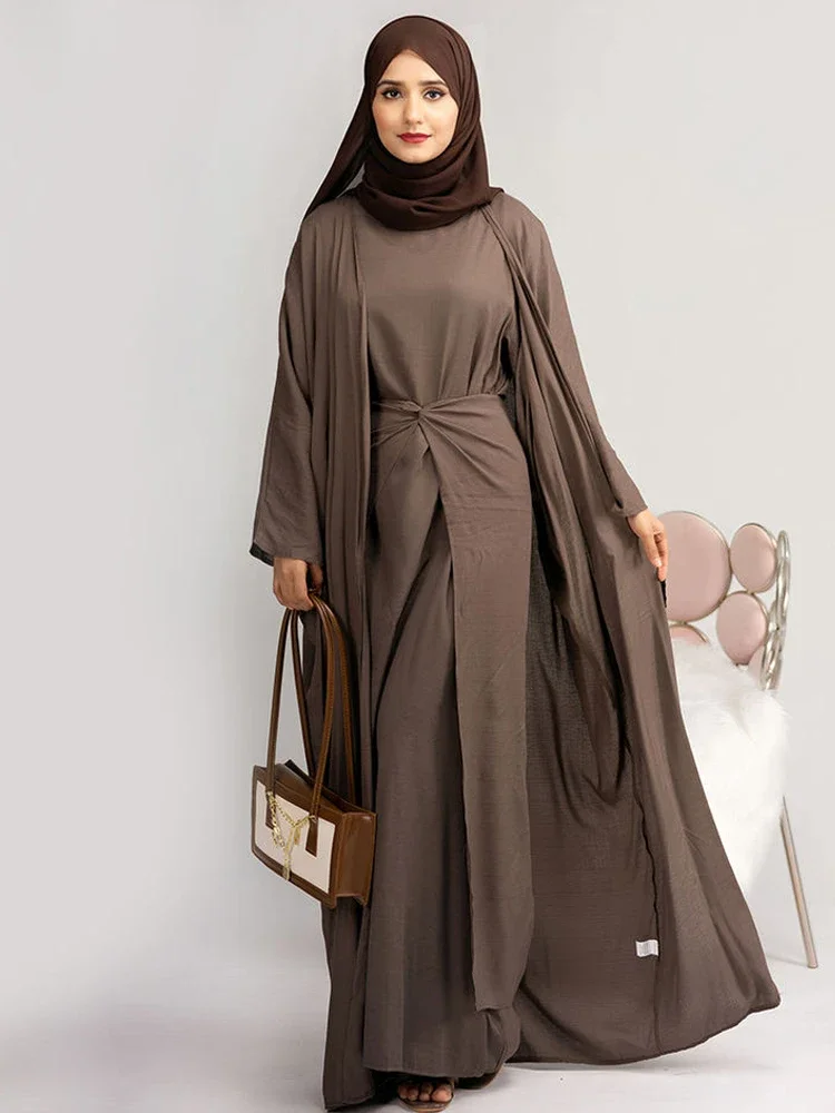 3 Piece Abaya Set Muslim Women Matching Outfits Kimono+Long Sleeves Dress+Wrap Skirt Dubai Ramadan Eid Prayer Islamic Clothing