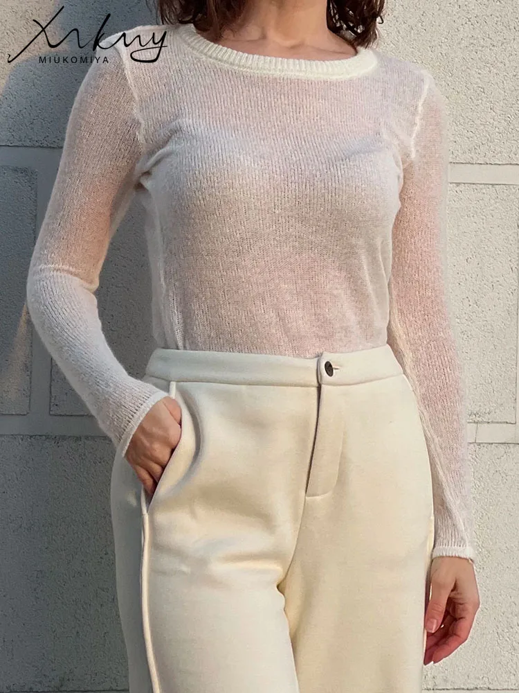 Thin Hollow Out Knit Sweater Women Spring Summer Slim White Long Sleeve Transparent Knit Short Tops Black Women's Pullovers 5