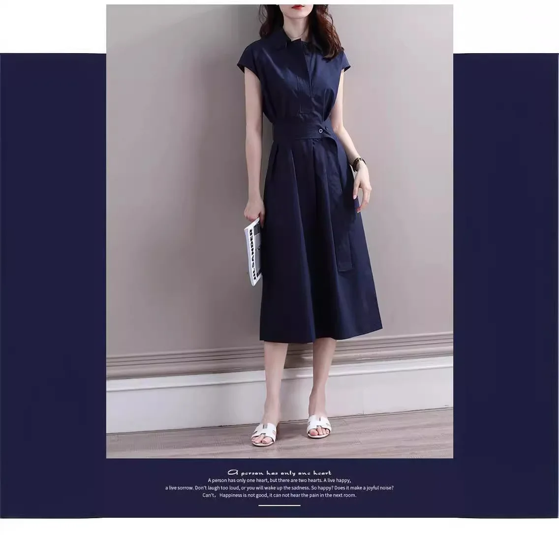 Abito Camicia Elegante e Alla Moda con Design Francese, Vita Stretta, Stile Femminile, Lunghezza Midi, Linea A, in Poliestere, Manica Corta, Colletto a Polo - immagine 3