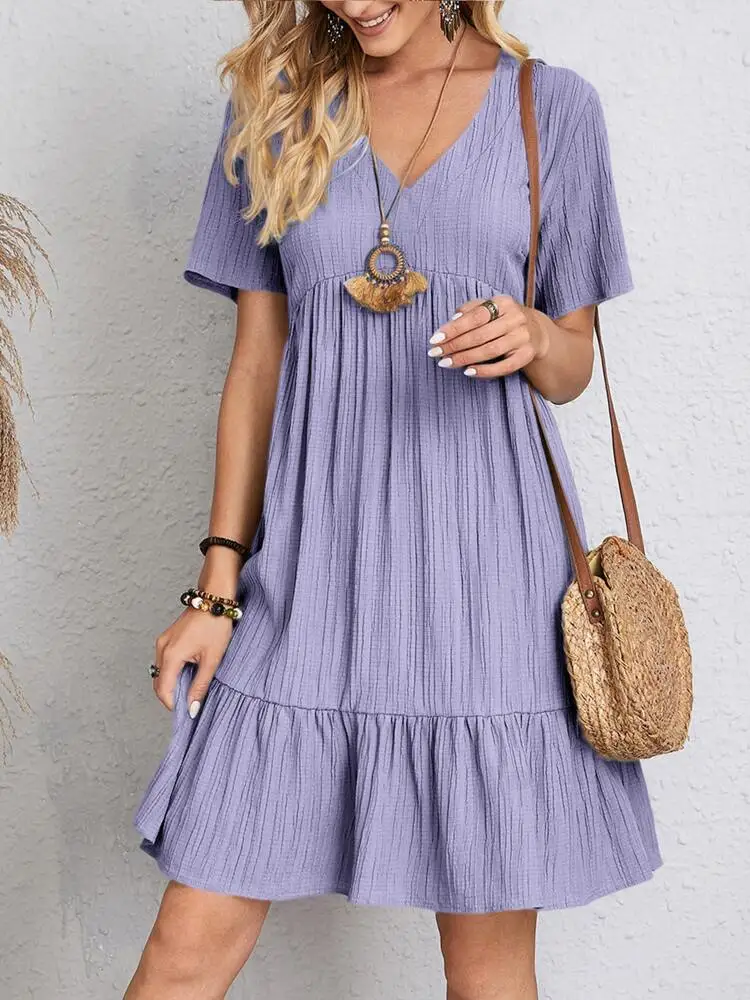 Elegant V Neck Ruffle Mini Dress - Womens Casual Summer Sundress