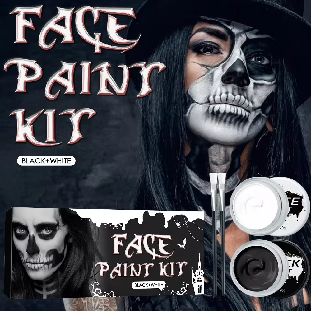 2PCS Halloween Face Painting Kit Highly Pigmented Face Body brus Paint Black and White for DIY Cosplay Theme Parties Body Makeup 6