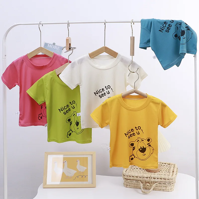 

Children's Short-Sleeved Summer New Ice Silk Short-Sleeved Single-Layer Shirt Cartoon Solid Color Middle and Big Children's Shir