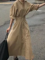 Modigirl Women Casual Long Shirts Dresses 2025 Summer Spring Clothes Khaki Puff Sleeves Botton Simple Maxi Dresses for Women - Image 4