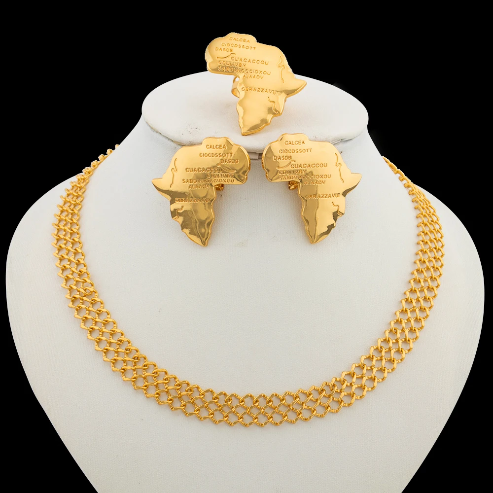 

African Gold Color Jewelry Set for Women Earrings and Finger Ring Hollow Out Necklace 3Pcs Set for Weddings Bride Jewellery Gift