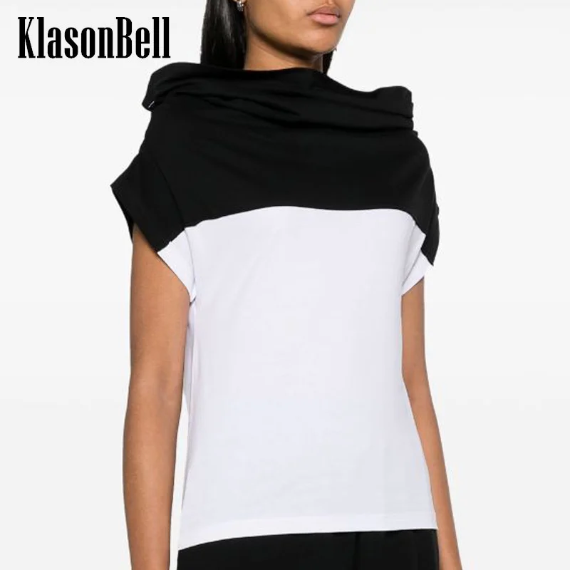 

2.26 KlasonBell New Fashion Black White Patchwork Color Hem Two Ways To Wear Design Slash-Neck T-Shirt Top Women