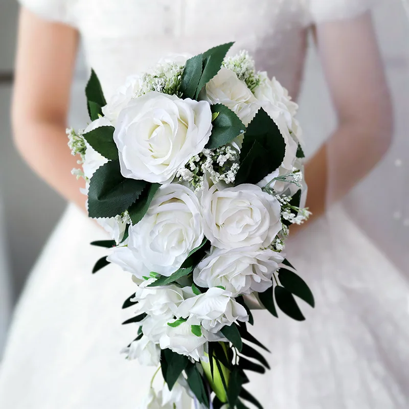 

White and Greenery Rose Flowers Bridal Bouquet Accessories Marriage Heart Shape Boda ramo de novia