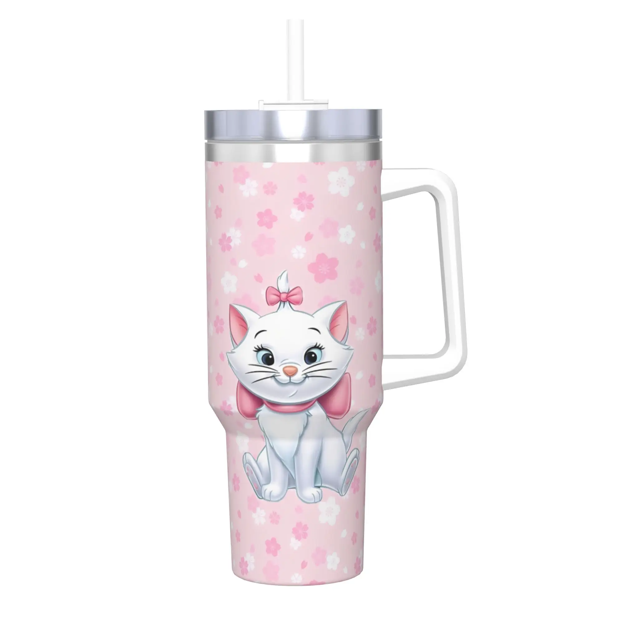 Stainless Steel Aristocats Marie Cat Tumbler with Straw - Large Capacity Thermal Mug