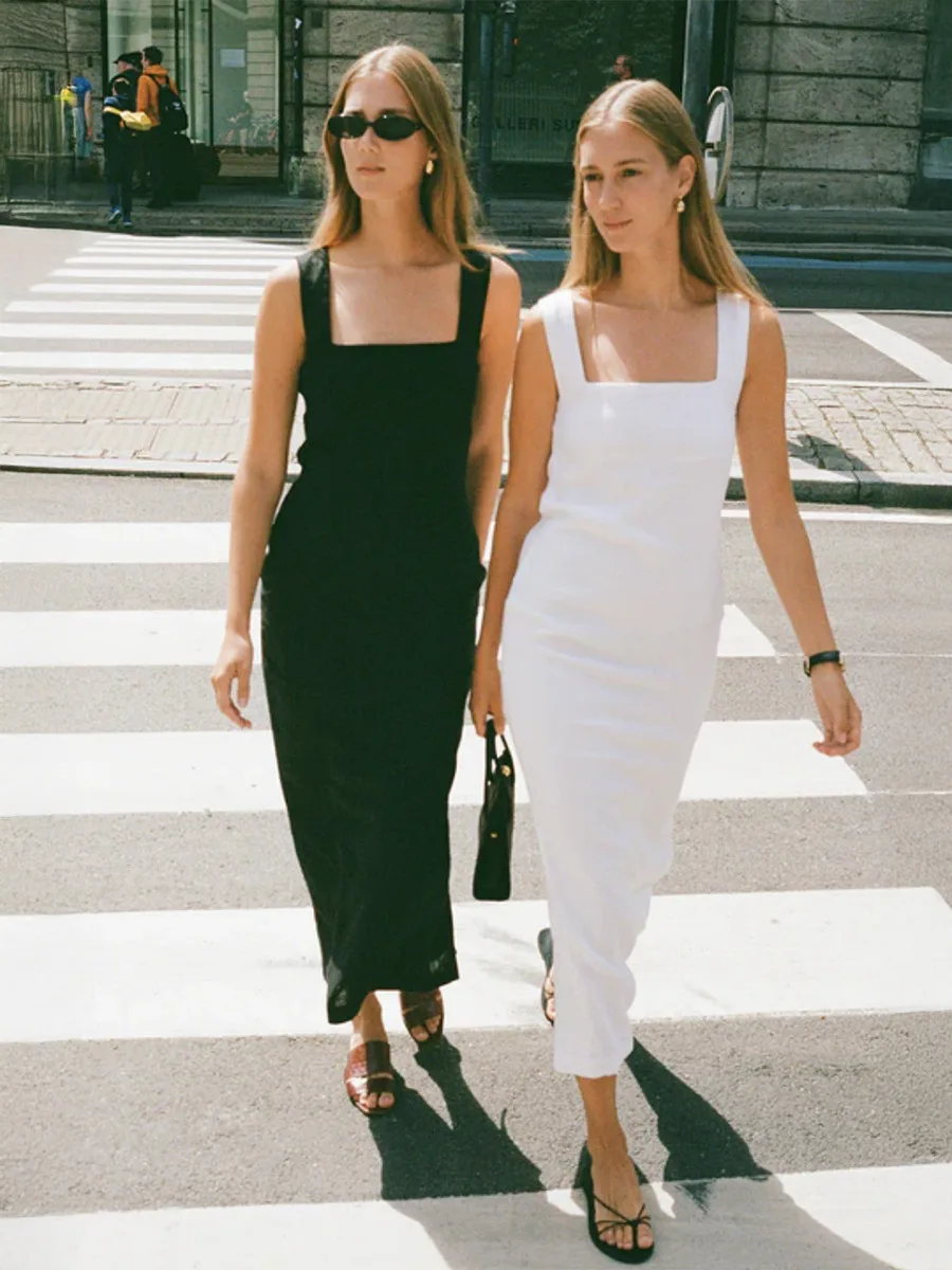 Bornladies Cotton Linen Solid Color Square Neck Suspender Dress Women's Fashion Slim Fit Long Dress Summer New Women's Clothing