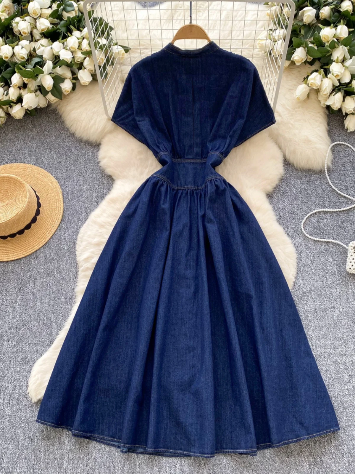 French Vintage Blue Elegant Single Breasted Short Sleeved High Waist  Pleated Denim Dresses Spring Fashion V Neck Party Dress New - AliExpress  200000345