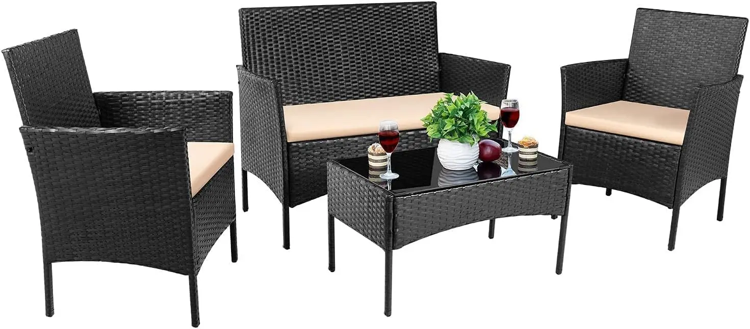 

4 Pieces Patio Porch Furniture Sets PE Rattan Wicker Chairs Beige Cushion with Table Outdoor Garden Patio Furniture Sets