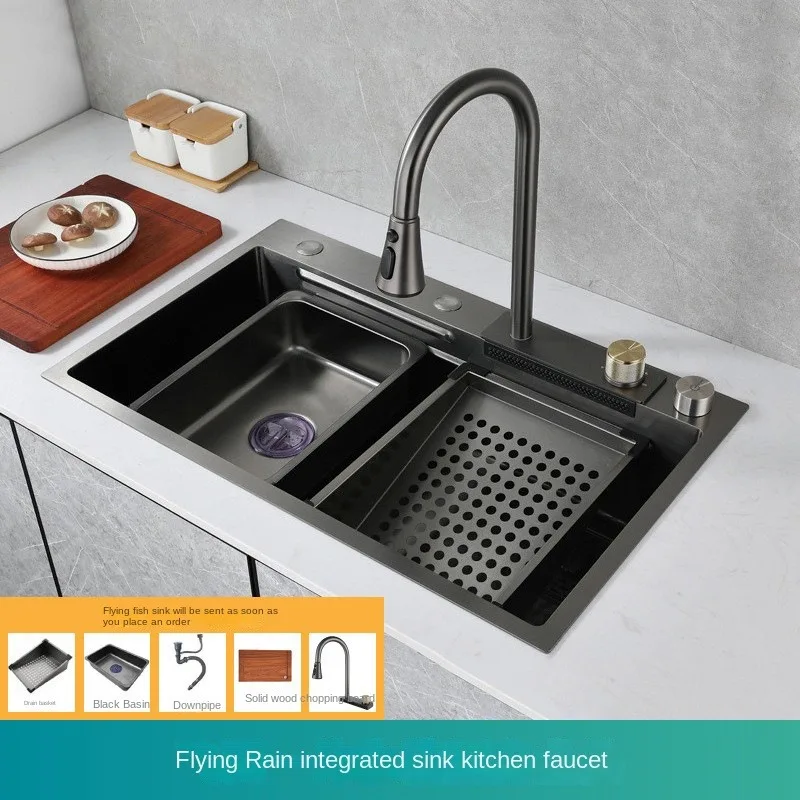 

Stainless Steel Kitchen Sink Waterfall Faucet Nano Sink Top Mounted Single Bowl Washbasin with Cutting Board Drainage Fittings