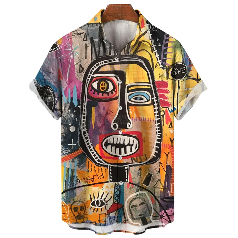 thumbnail image 1 of Camisa con estampado 3D de cara abstracta para hombre, camisa hawaiana de manga corta con gráficos de pintura artística de verano, blusa con solapa, ropa de calle, 1 of 5