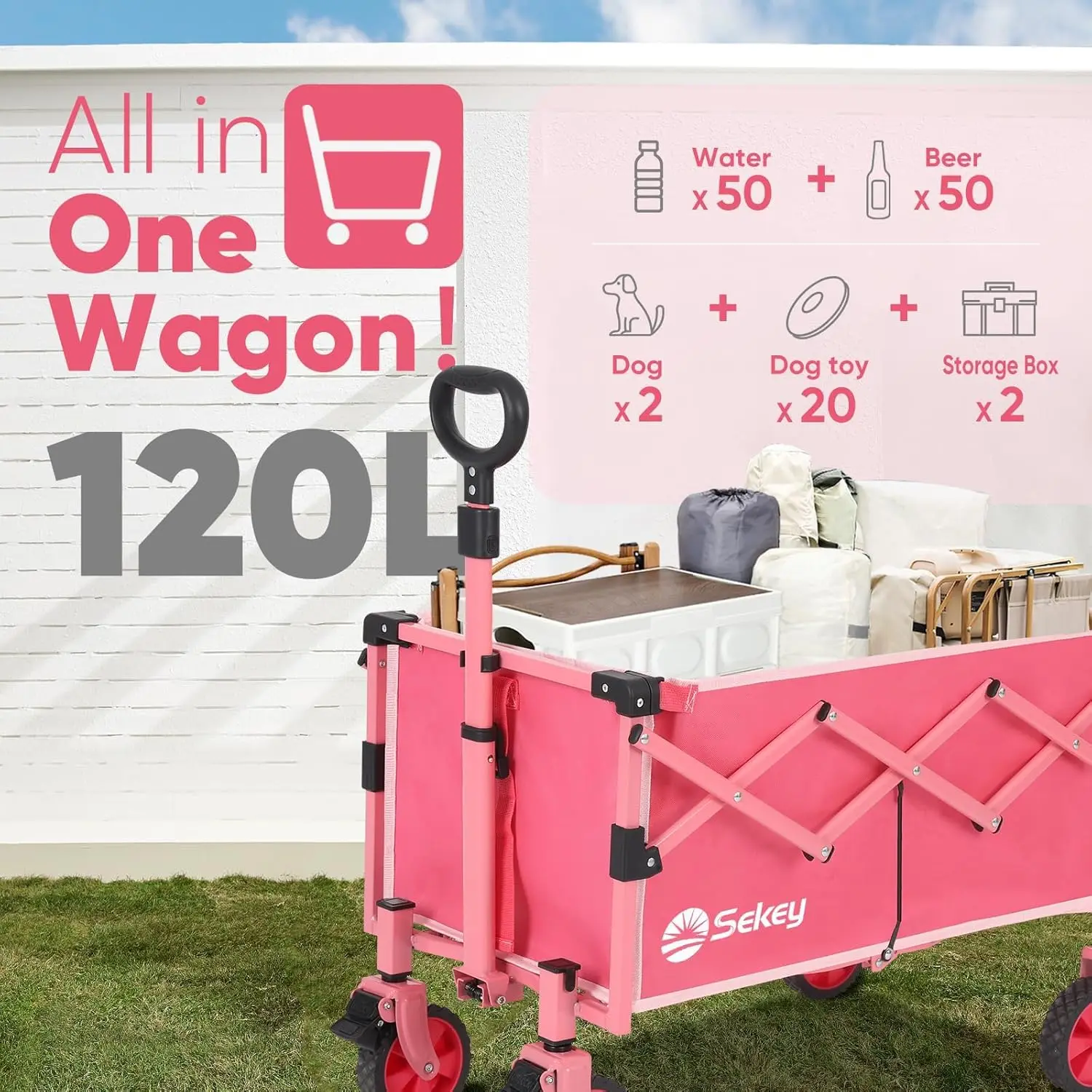 Folding Wagon with Brakes Collapsible Lightweight Wagon Foldable Folding Cart 220LBS Utility Heavy Duty Beach Garden Cart