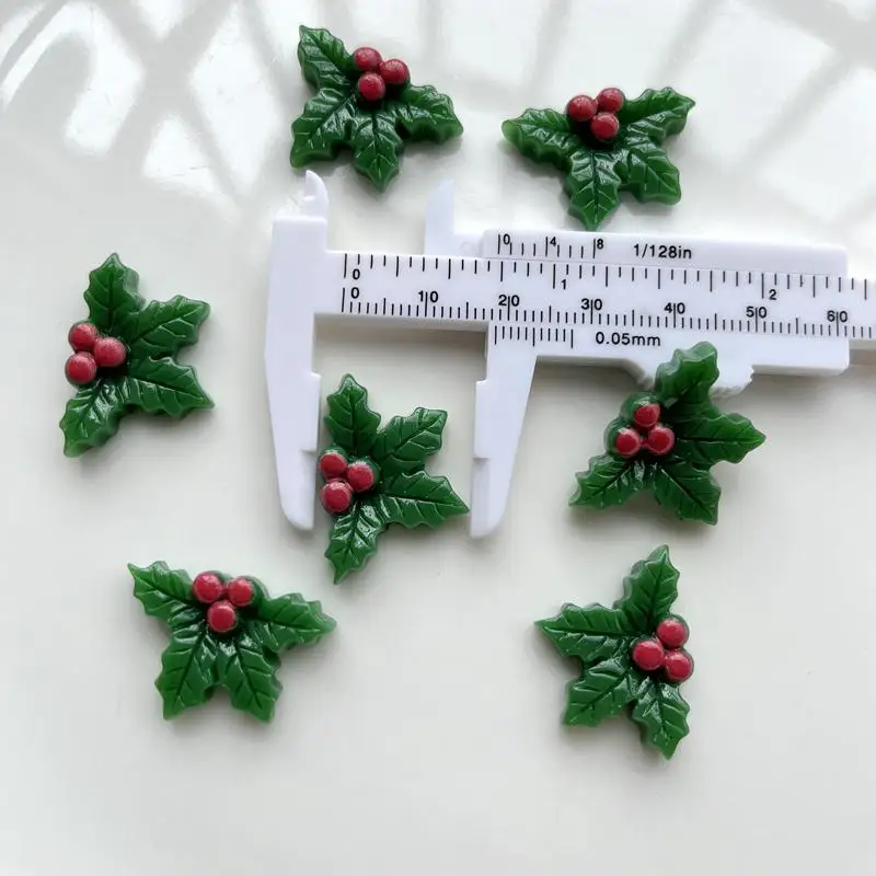 Resin Embellishments 10pcs Resin Christmas Holly Leaf Flat Back Cabochon Art Decoration Charm resin flatback 25x19mm