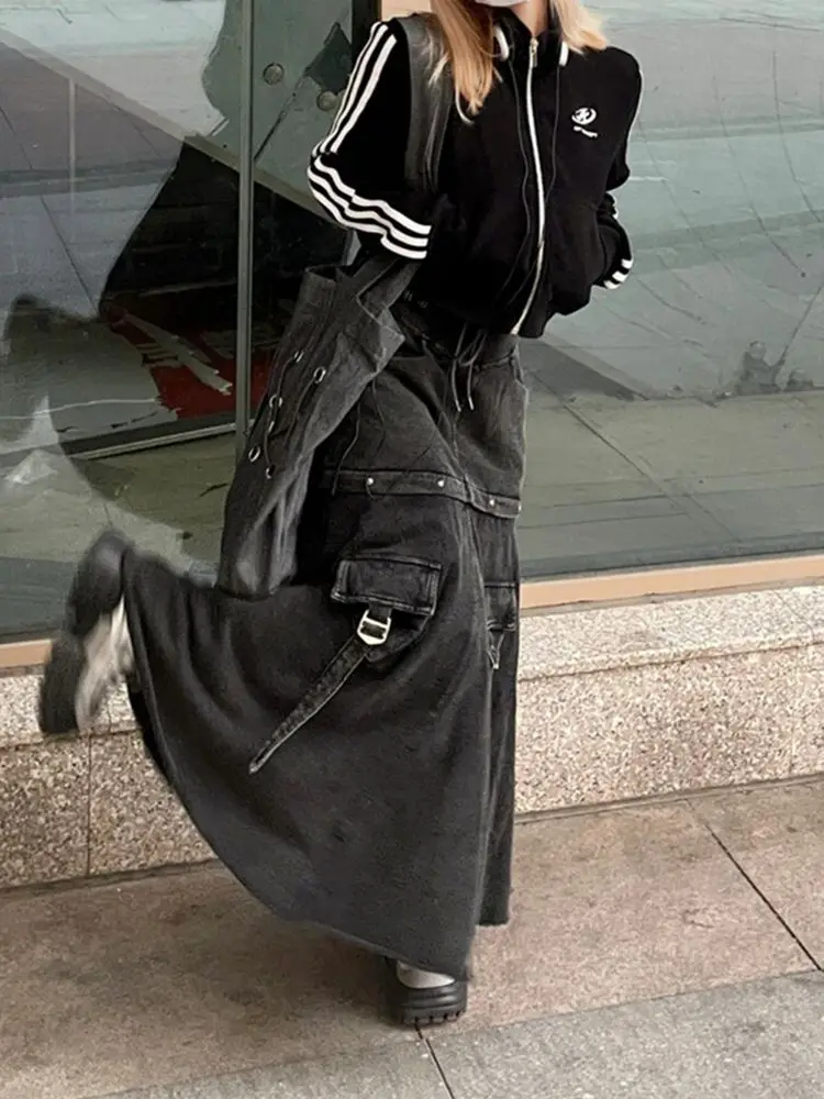 Denim Skirt Pocket Detachable Medium Length Black Grey American Vintage Women Loose Causal Mid Length A-Line Cargo Skirt