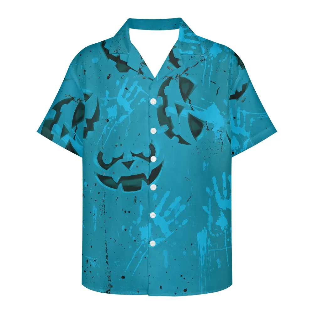 Blue Men's Short Sleeve V Neck Shirt Halloween Fear Black Bat  Print Men's Shirt Summer Men Clothing  Loose Leisure Men's Shirt