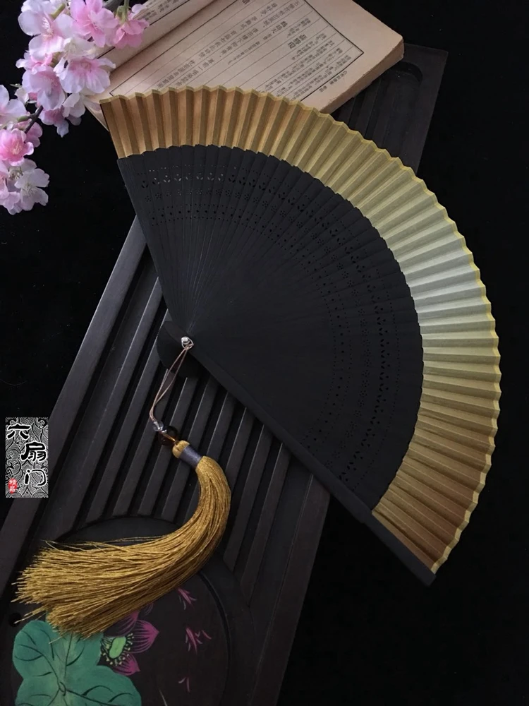 Edo Japanese Style Folding Fan Kimono Fan Real Silk Female Small Flower Carved Gradient Blank Golden
