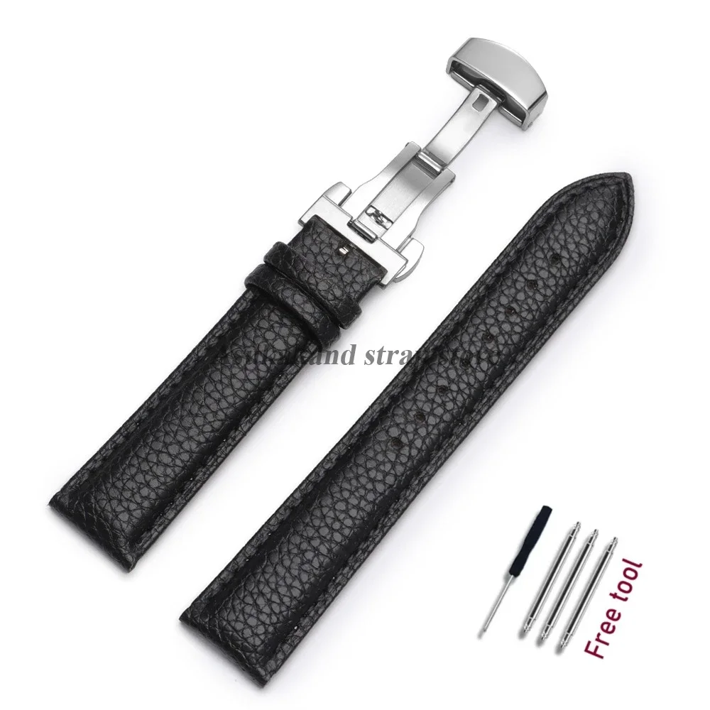 Premium Calfskin Litchi Leather Watch Strap with Butterfly Buckle