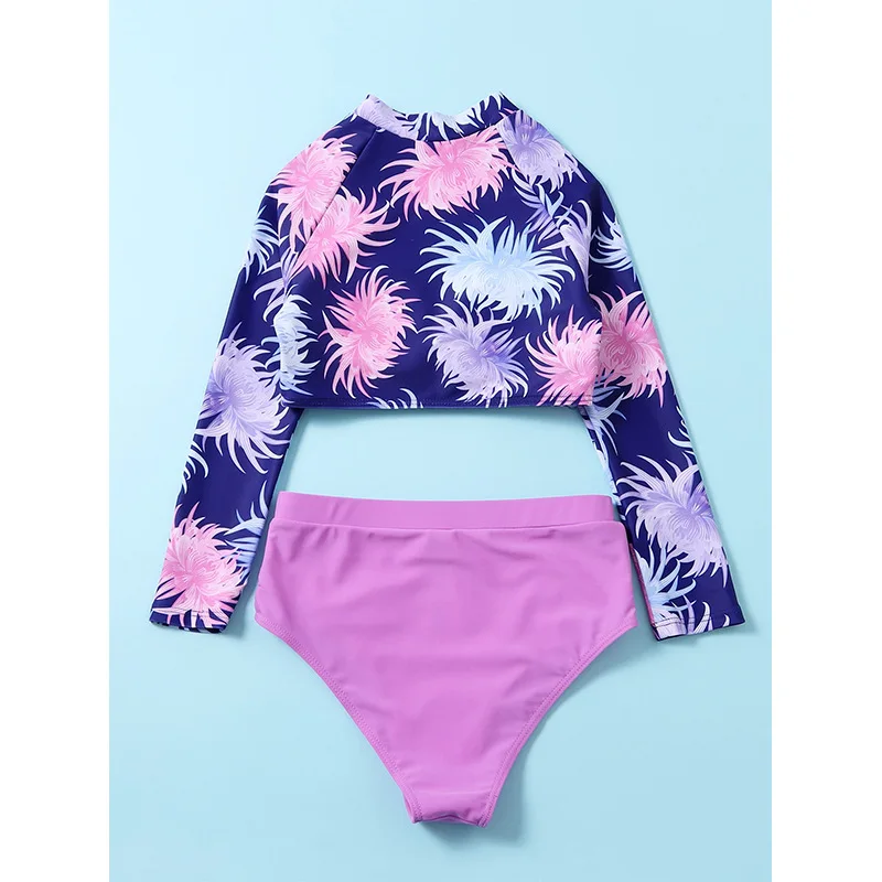 Girls High Waist Bikini Sets with Long Sleeve Crop Tops Kids Swimsuit 7-12 Years Children's Swimwear Teenage Bathing Suit girls swimwear