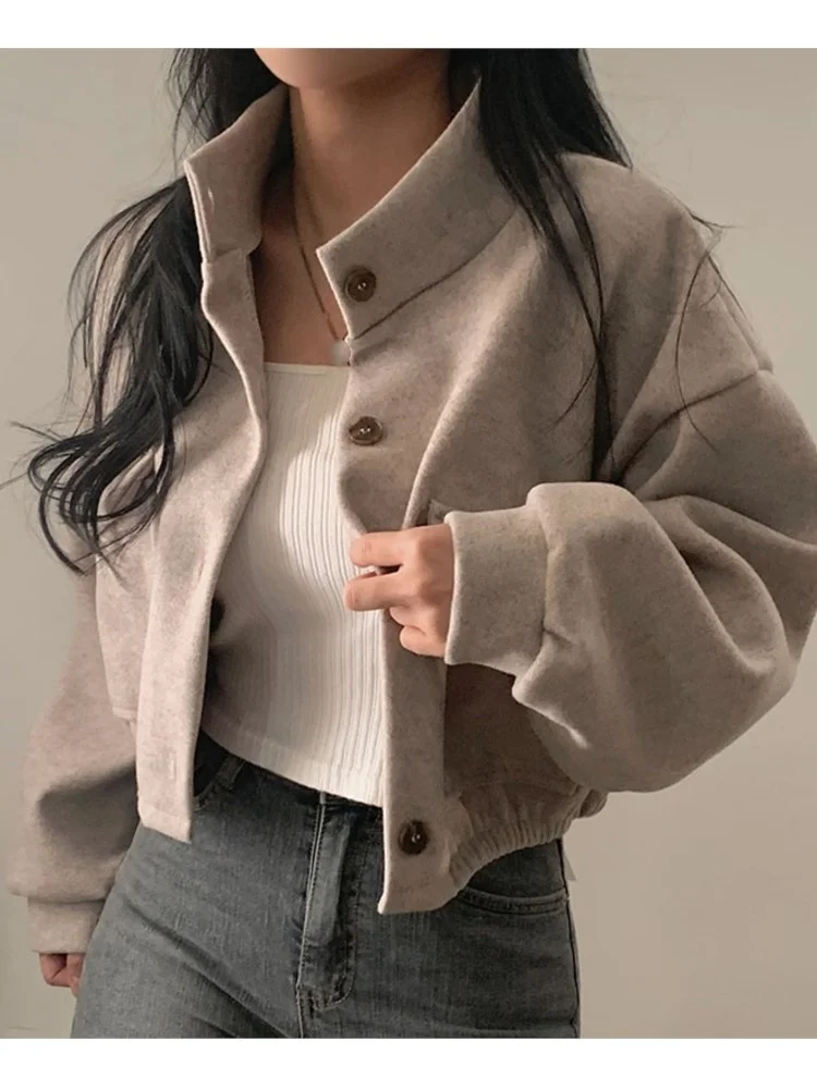 

Korean Chic Solid Cropped Jacket Women Stand Collar Single Breasted Long Sleeves Autumn Winter Loose Coats Vintage Outwear 2023