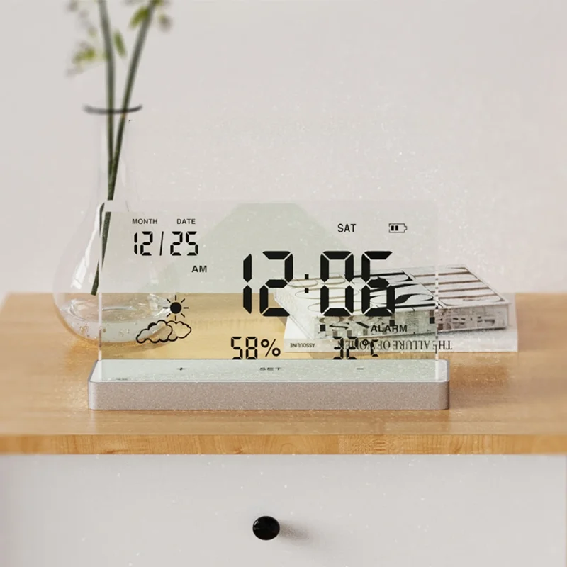 

Creative Transparent Digital Clock Weather、Temperature、Date、Humidity Display Electronic Table Alarm Clock Simple Home Decoration