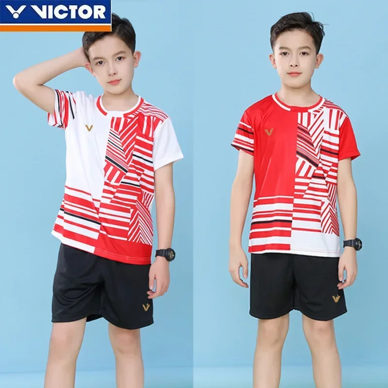 Victor Children's Badminton Suit Sportswear Boys and Girls Top Short Sleeve Competition Suit Elementary School Team Clothing