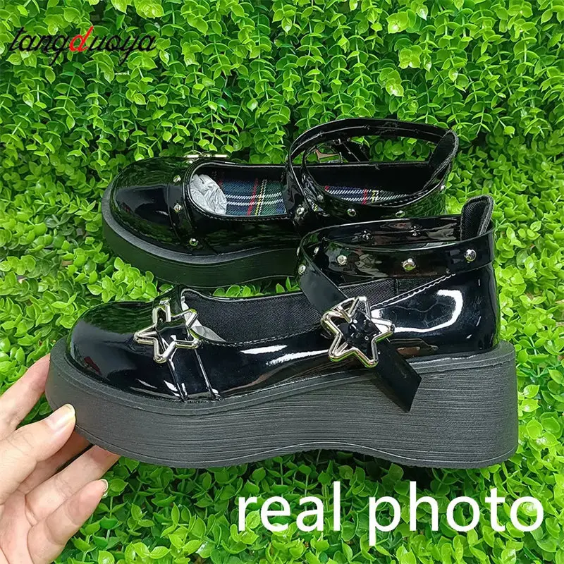 Lolita shoes Women heels platform mary janes Star Buckle Strap Cross-tied Girls Rivet Casual kawaii shoes lolita shoes