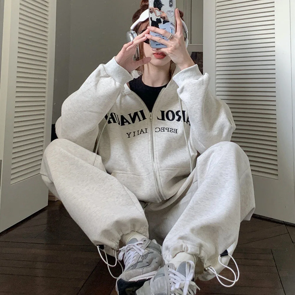 Купи Korean Style Cotton Pants Set Oversized Women Hoodie Harajuku Zip Sweatshirt Casual Letter Print Sweatpants Female 2 Piece Suit за 1,760 рублей в магазине AliExpress