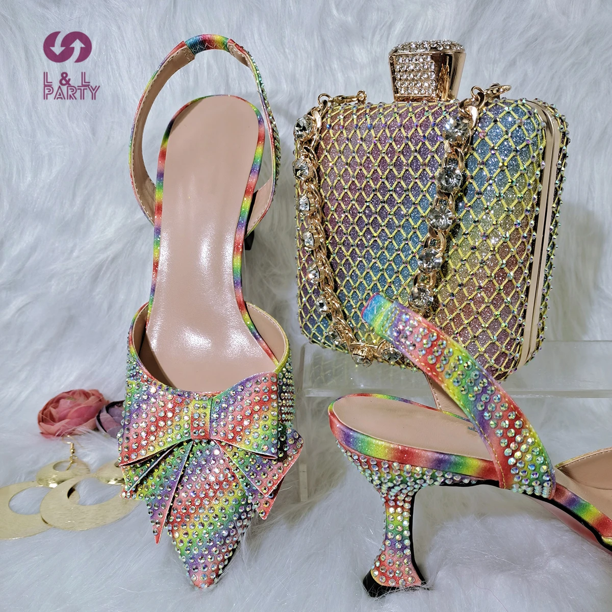 2022 Latest Design Italian Shoes and Bags Matching Set for Party High Heels Wedding Pumps with Rhinestone Bowknot Multicolor |